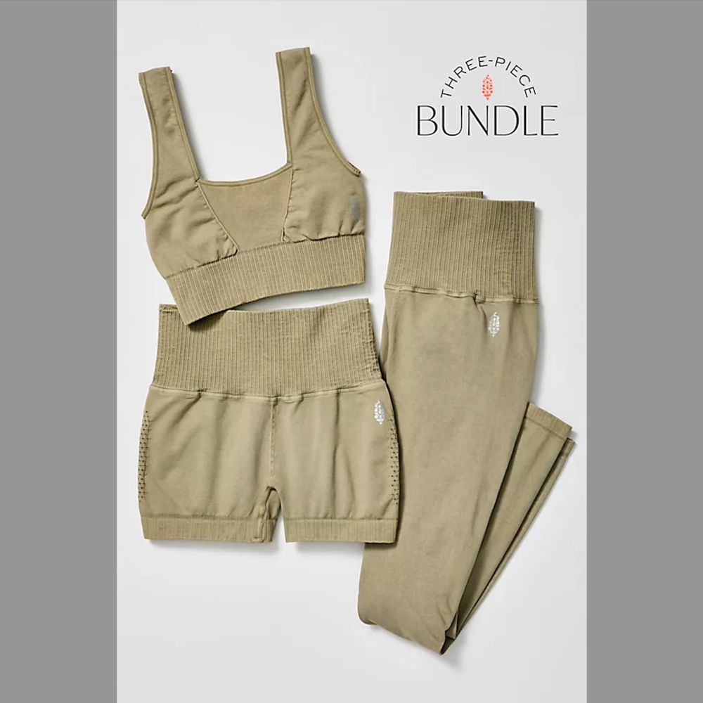 Free People Good Karma 3-Style Bundle (Bra, Leggings, Shorts), M/L